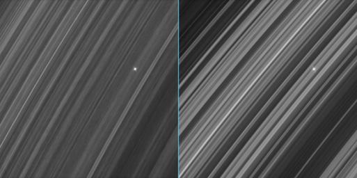 These side-by-side views of a star seen through Saturn's densely populated B ring show marked contrast between the region. Images were taken in visible light with NASA's Cassini spacecraft's narrow-angle camera on Sept. 26, 2006.