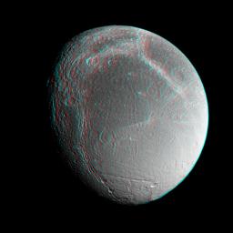 Saturn's moon Dione floats in the dark sky before NASA's Cassini spacecraft. Images taken from slightly different directions allow construction of stereo views, helpful in interpreting the complex topography of Saturn's moons. 3D glasses are necessary.