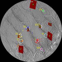 This map of the south polar region of Saturn's moon Enceladus shows the correlation between jet sources identified in NASA's Cassini imaging data and hot spots on the surface located by the composite infrared spectrometer instrument.