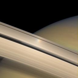 The opposition effect, a brightness surge that is visible on Saturn's rings when the sun is directly behind NASA's Cassini spacecraft, is captured here as a colorful halo of light moving across Saturn's sunlit rings.