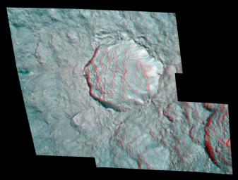 The hummocky floor of a crater on Saturn's moon Rhea possesses a central peak and clusters of small craters as seen in this anaglyph from NASA's Cassini spacecraft.