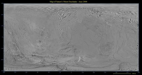 This global map of Saturn's moon Enceladus was created using images taken during NASA's Cassini spacecraft flybys, with Voyager images filling in the gaps in Cassini's coverage.