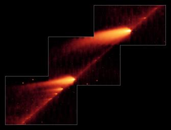This infrared image from NASA's Spitzer Space Telescope shows the broken Comet 73P/Schwassman-Wachmann 3 skimming along a trail of debris left during its multiple trips around the sun. 