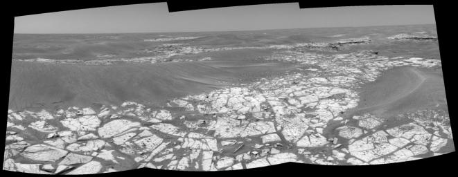 This composite shows the view from NASA's Mars Exploration Rover Opportunity in the direction of 'Victoria Crater,' on May 12, 2006. To reach Victoria Crater he rover had to navigate among the large ripples visible on the left and ahead in the distance.