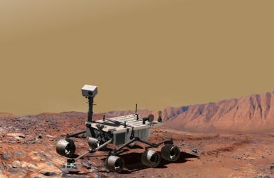 This picture is an artist's concept portraying what NASA's Mars Science Laboratory would look like when examining a rock outcrop on Mars.