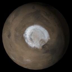 NASA's Mars Global Surveyor shows the north polar region of Mars.