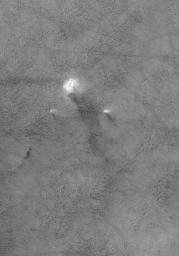 NASA's Mars Global Surveyor shows a large dust devil flanked by two relatively small dust devils, moving together across a lightly-dusted, south high-latitude plain on Mars.