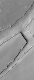 NASA's Mars Global Surveyor shows a small portion of a dust-covered plain directly north of Labyrinthus Noctis on Mars which is cut by three linear troughs.