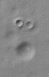 NASA's Mars Global Surveyor shows a group of impact craters in Aonia Planum, Mars. Remarkably, two of the craters are approximately equal in size, however, they clearly differ in age.