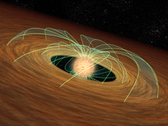 This artist's concept demonstrates how a dusty planet-forming disk can slow down a whirling young star, essentially saving the star from spinning itself to death. Evidence for this phenomenon comes from NASA's Spitzer Space Telescope.