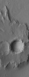 This image from NASA's Mars Global Surveyor shows a pedestal crater in the Eumenides Dorsum region of Mars.