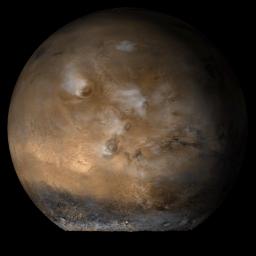 This image from NASA's Mars Global Surveyor shows the Tharsis face of Mars in mid-August, 2006.