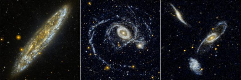 Located 10 million light-years away in the southern constellation Sculptor, the Silver Dollar galaxy, or NGC 253, is one of the brightest spiral galaxies in the night sky as seen in this edge-on view from NASA's Galaxy Evolution Explorer.