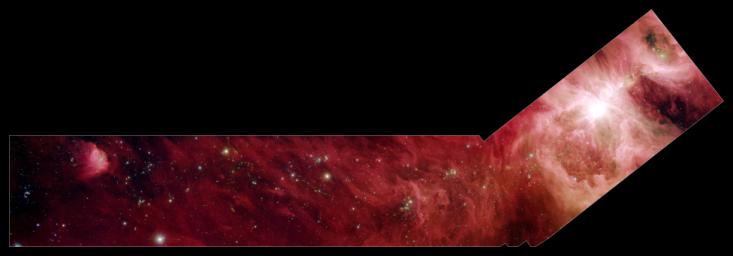 This image composite shows a part of the Orion constellation surveyed by NASA's Spitzer Space Telescope. The shape of the main image was designed by astronomers to roughly follow the shape of Orion cloud A, an enormous star-making factory.