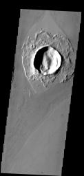 The crater in this image has affected the flow of lava around it, creating a streamlined 'island' on Mars as seen by NASA's Mars Odyssey spacecraft. 