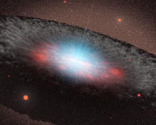 This artist's concept depicts a supermassive black hole at the center of a galaxy. NASA's Galaxy Evolution Explorer found evidence that black holes (once they grow to a critical size) stifle the formation of new stars in elliptical galaxies.