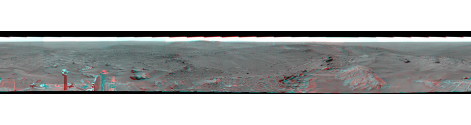 NASA's Mars Exploration Rover Spirit used its panoramic camera (Pancam) to record a 360-degree vista, dubbed the 'Everest' panorama, from the top of 'Husband Hill' in early October 2005. 3D glasses are necessary to view this image.