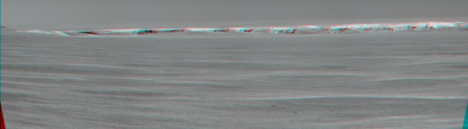 This anaglyph from NASA's Mars Exploration Rover Opportunity at the rim of Victoria Crater. 3D glasses are necessary to view this image.