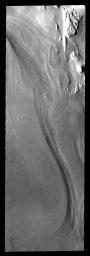 This image from NASA's Mars Odyssey spacecraft shows interesting patterns in regions around major troughs. Both polar caps of Mars are composed of multiple layers of ice.