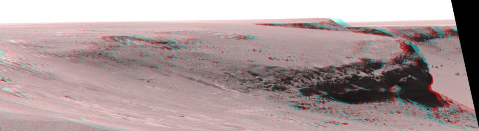 This anaglyph from NASA's Mars Exploration Rover Opportunity is of Victoria crater, looking north from 'Duck Bay' towards the dramatic promontory called 'Cape Verde.' 3D glasses are necessary to view this image.