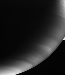 Storms whip up the cloud bands of Saturn's southern hemisphere in this infrared view. Small fractions of the A and F rings are visible at right as seen by NASA's Cassini spacecraft.