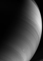 Bright equatorial clouds give way to darker southern bands in this infrared view taken by NASA's Cassini spacecraft with a filter sensitive to methane absorption in Saturn's atmosphere