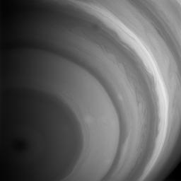 Rippling with detail, the southern hemisphere of Saturn comes to life in this view from NASA's Cassini spacecraft. Long, flowing streamers and bands of great contrast soften toward the pole, where a great hurricane-like storm resides.