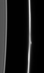 The F ring dissolves into a fuzzy stream of particles -- rather different from its usual appearance of a narrow, bright core flanked by dimmer ringlets. A bright clump of material flanks the ring's core as seen by NASA's Cassini spacecraft.