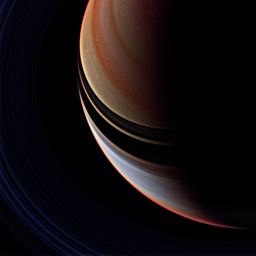 This strongly enhanced false color view is a departure from the familiar bluish north and golden south seen in natural color images from NASA's Cassini spacecraft.