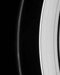 Saturn's odd but ever-intriguing F ring displays multiple lanes and several bright clumps. The Keeler and Encke gaps are visible in the outer A ring, at right as seen by NASA's Cassini spacecraft.