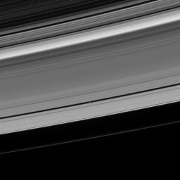 NASA's Cassini spacecraft looks toward the unilluminated side of Saturn's rings to spy on the moon Pan as it cruises through the Encke Gap.