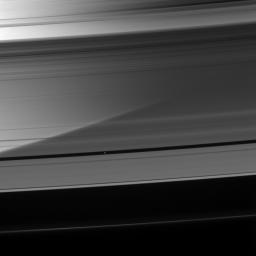 Immense Saturn is visible through the A ring as Pan coasts along its private corridor as seen by NASA's Cassini spacecraft.