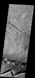 This image from NASA's 2001 Mars Odyssey spacecraft shows fractures and channel-like features located in the Elysium Volcanic complex on Mars.