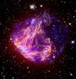 This is a composite image of N49, the brightest supernova remnant in optical light in the Large Magellanic Cloud; the image combines data from the Chandra X-ray Telescope (blue) and NASA's Spitzer Space Telescope (red).