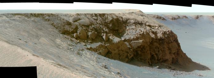 On Oct. 16, 2006, NASA's Mars Exploration Rover Opportunity examined a section of the scalloped rim called Cape St. Mary in Victoria Crater on Mars.