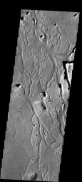 These channels in Utopia Planitia are called Hephaestus Fossae on Mars as seen by NASA's 2001 Mars Odyssey spacecraft.