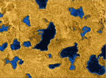 This frame from a movie taken by NASA's Cassini's radar instrument, shows bodies of liquid near Titan's north pole. These images show that many of the features commonly associated with lakes on Earth.