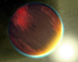 This artist's concept, based on spectral observations from NASA's Hubble Space Telescope and Spitzer Space Telescope, shows a cloudy Jupiter-like planet that orbits very close to its fiery hot star.