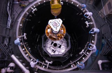 NASA's Phoenix Mars Lander was lowered into a thermal vacuum chamber at Lockheed Martin Space Systems, Denver, in December 2006.