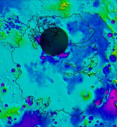 This map shows the topography of the south polar region of Mars, including topography buried by thick deposits of icy material
