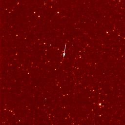 A white arrow marks Pluto in this NASA New Horizons Long Range Reconnaissance Imager picture taken Sept. 24, 2006. Pluto is little more than a faint point of light among a dense field of stars.