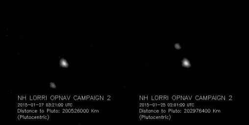 Pluto and Charon, the largest of Pluto's five known moons, seen Jan. 25 and 27, 2015, through the telescopic Long-Range Reconnaissance Imager (LORRI) on NASA's New Horizons spacecraft.