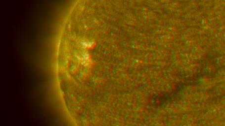 NASA's Solar TErrestrial RElations Observatory satellites have provided the first 3-dimensional images of the Sun. This view will aid scientists' ability to understand solar physics to improve space weather forecasting. 3D glasses are necessary.