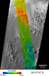 This image from NASA's Mars Odyssey spacecraft shows a map of a far-northern site on Mars indicating the change in nighttime ground-surface temperature between summer and fall. 