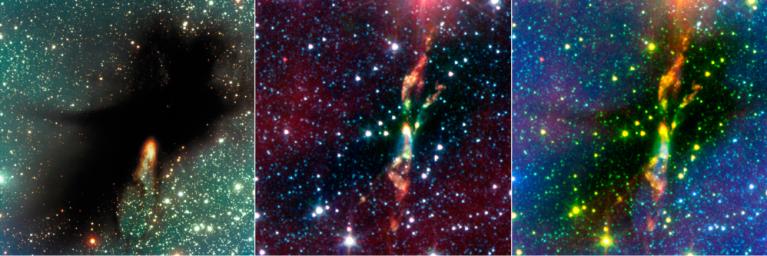 Two rambunctious young stars are destroying their natal dust cloud with powerful jets of radiation, in an infrared image from NASA's Spitzer Space Telescope. 