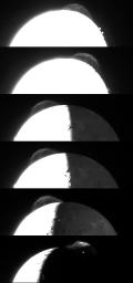 Variations in the appearance of the giant plume from the Tvashtar volcano on Jupiter's moon Io are seen in this composite of the best photos taken by the New Horizons Long Range Reconnaissance Imager (LORRI) during its Jupiter flyby in late February.