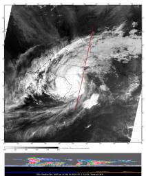 The image of Tropical Cyclone Gonu in the upper panel was taken by the Moderate Resolution Imaging Spectroradiometer (MODIS) instrument on NASA's Aqua satellite on June 5, 2007, at approximately 20:20 UTC.