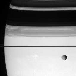 NASA's Cassini spacecraft puts the enormous distances in the Saturn system in perspective with this view of Rhea and Prometheus. This view looks toward the unilluminated side of the rings from less than a degree above the ringplane.