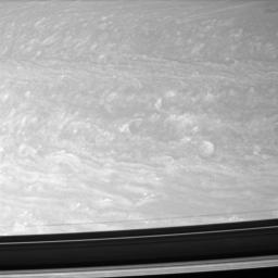 Bright clouds twist and twirl in the fast-moving and turbulent winds in the Saturnian north. This image was taken by NASA's Cassini spacecraft's narrow-angle camera on Aug. 13, 2007.