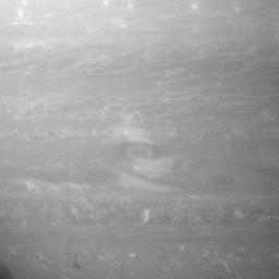 Monster storms, or vortices, swirl in the roiling atmosphere of giant Saturn. This image was taken by NASA's Cassini spacecraft's narrow-angle camera on Aug. 14, 2007.